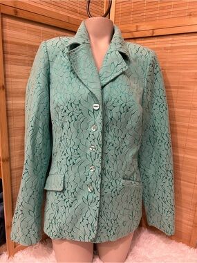 Dialogue vintage teal blazer suit jacket floral textured pattern woman size 10